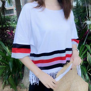 Fringe Hem Elbow-sleeve T-shirt