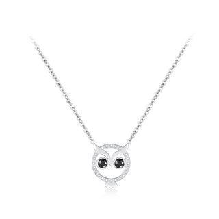 Fashion Cute Owl 316l Stainless Steel Necklace With Black Cubic Zircon Silver - One Size