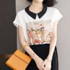 Short-sleeve Contrast Collar Print Top