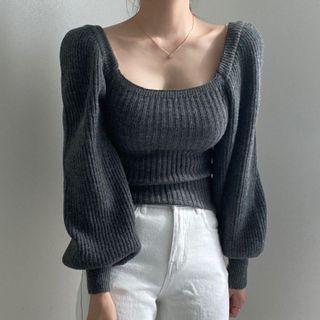 Square-neck Puff-sleeve Plain Knit Top