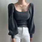 Square-neck Puff-sleeve Plain Knit Top
