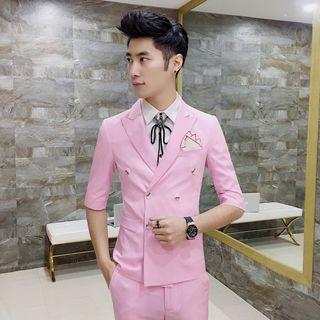 Set: Double-breasted Elbow-sleeve Blazer + Cropped Dress Pants