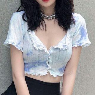 Short-sleeve Frill Trim Tie-dye Crop Top