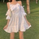 Cold-shoulder Bow Ruffle Trim Mini A-line Dress