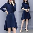 Long-sleeve Belted A-line Shirt Dress