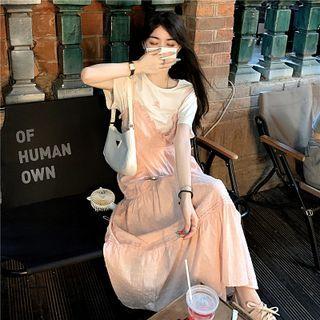 Heart Print T-shirt + Spaghetti Strap Ruffled Dress