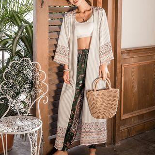 Striped Open Front Long Chiffon Jacket White - One Size