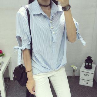 Faux Pearl Striped Short Sleeve Shirt