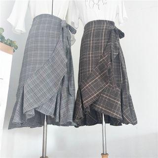 Plaid Tie-waist A-line Ruffle Midi Skirt