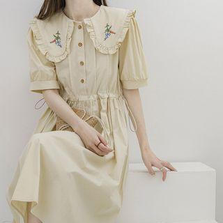 Short-sleeve Collar Flower Embroidered Midi Smock Dress