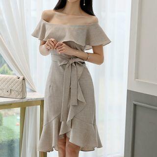 Off-shoulder Ruffle-trim High-low Dress