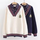 Mock Two-piece Badge Embroidered Sweater