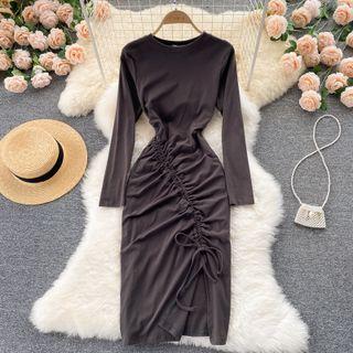 Plain Drawstring Ruched Slit Dress