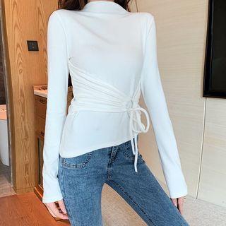 Mock-turtleneck Tie-waist Long-sleeve Top