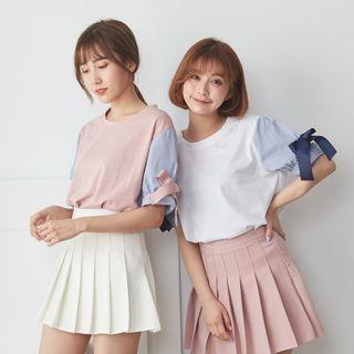 Ribbon Detail Color Block Short-sleeve T-shirt