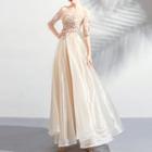 3/4-sleeve Embroidery Ball Gown