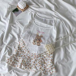 Short-sleeve Rabbit Print T-shirt / Floral Print Mini Skirt / Set