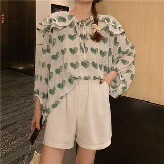 Heart Printed Long Sleeve Loose Blouse