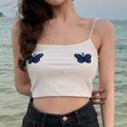 Spaghetti Strap Butterfly Embroidered Crop Top White - One Size