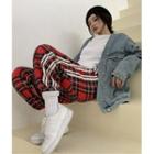 Washed Denim Jacket / Elbow-sleeve Plain T-shirt / Plaid Drawstring Sweatpants