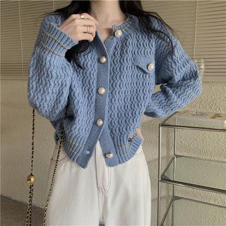 Round Neck Faux Pearl Button Knit Cardigan