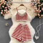 Set Of 2 : Striped Cropped Suspender Top + Drawstring Striped Wide-leg Shorts