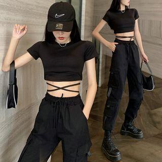 Short-sleeve Strappy Cropped T-shirt / Buckled Cargo Harem Pants / Set