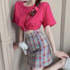 Short-sleeve Drawcord Cropped T-shirt / Plaid A-line Skirt