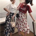 Letter Printed T-shirt + Floral Midi Skirt