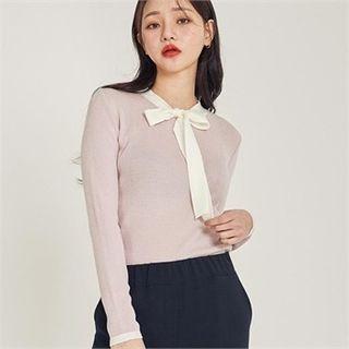 Tie-neck Contrast-trim Knit Top