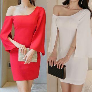 One-shoulder Cape-sleeve Mini Sheath Dress