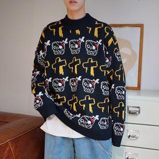Long-sleeve Skull Jacquard Mock-neck Knit Sweater