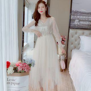 Long-sleeve Sequined Mesh Midi Dress