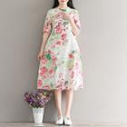 Elbow-sleeve Stand Collar Floral A-line Dress