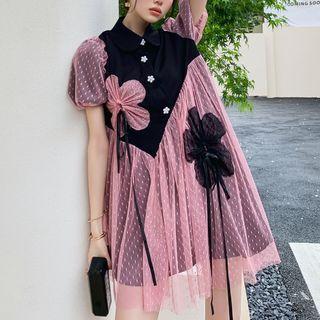 Puff-sleeve Collar Dotted Mesh Panel Mini Smock Dress