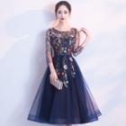 Floral Embroidered 3/4-sleeve Midi Prom Dress