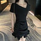Asymmetric Short-sleeve Drawstring Mini A-line Dress
