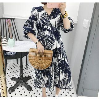 V-neck Puff-sleeve Pattern Long Dress