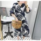 V-neck Puff-sleeve Pattern Long Dress