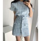 Short-sleeve Plaid Top / Mini A-line Plaid Skirt