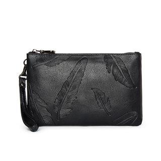 Faux Leather Leaves Embossed Clutch Black - One Size