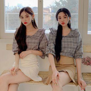 Layered-collar Glen-plaid Blouse