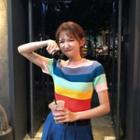 Striped Short-sleeve Slim-fit Knit Top / Plain High-waist Shorts