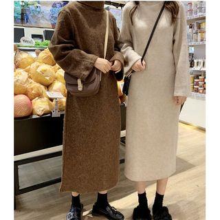 Mock Turtleneck Long-sleeve Midi Slit Dress