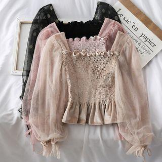 Mesh-sleeved Smocked Velvet Crop Top