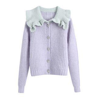 Ruffle Trim Contrast Collar Cardigan