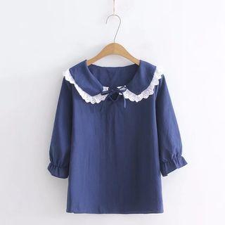 Lace Trim Collared Elbow Sleeve Blouse
