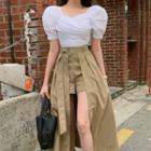 Puff-sleeve Cropped Blouse / Slit Midi A-line Skirt / Set