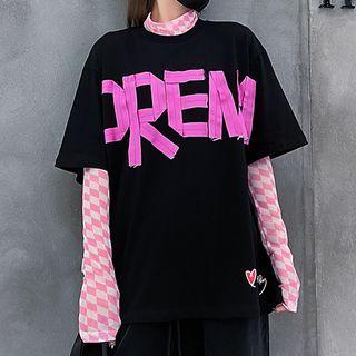 Set: Short-sleeve Lettering T-shirt + Long-sleeve Checker Print T-shirt