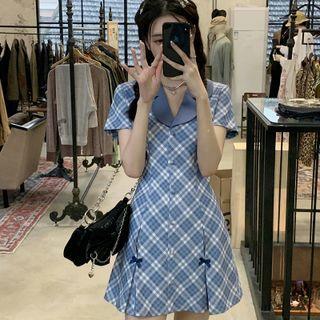 Short-sleeve Plaid Collared Mini A-line Dress